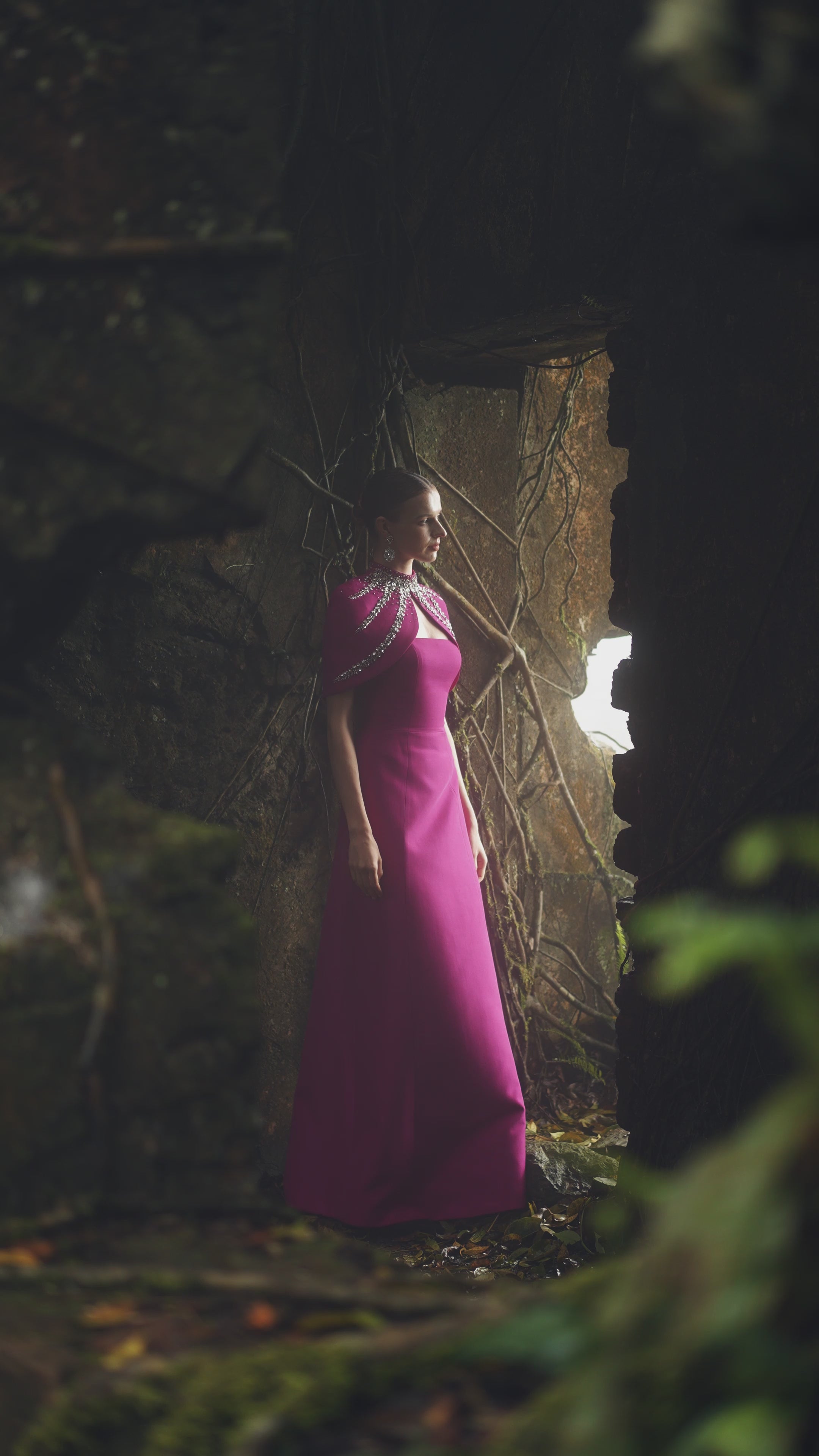 Straight Across A-line Dress With High Neck Crystal-Embellished Short Cape Set
